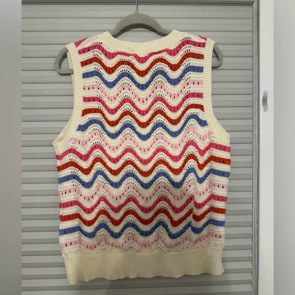 THML Cream Crochet V-Neck Sweater Vest with Pink, Red & Blue Waves - Picture 4 of 5